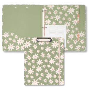 Steel Mill & Co Cute Decorative Hardcover 3 Ring Binder with Clipboard Folio Cover for Letter Size Paper, 1 Inch Round Rings, Dividers, Colorful Binder Organizer for School/Office (Daisy Floral Green)