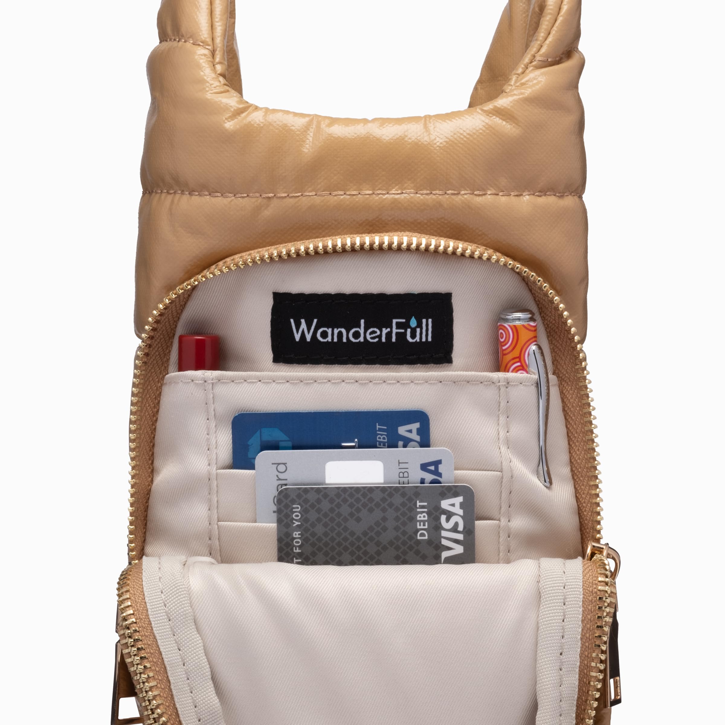 WanderFull Original Crossbody HydroBag | Quilted Water Bottle Carrier | Puffer Tote Tumbler Holder with Pockets for Purse, Phone & Accessories | Carry Travel Essentials (Camel Glossy/Patterned Strap)