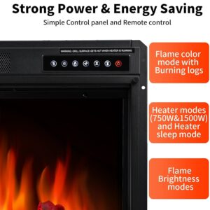 R.W.FLAME Electric Fireplace,Insert-Freestanding Fireplace,Recessed 23''Electric Fireplace Heater with Infrared Quartz&Remote Control,Adjustable Led Flame Brightness&2 Power Settings 750W/1500W Black