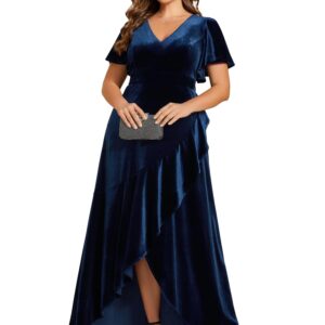 Ever-Pretty Women's V Neck High Waist Velvet Plus Size Mother of The Bride Dress Navy Blue US14