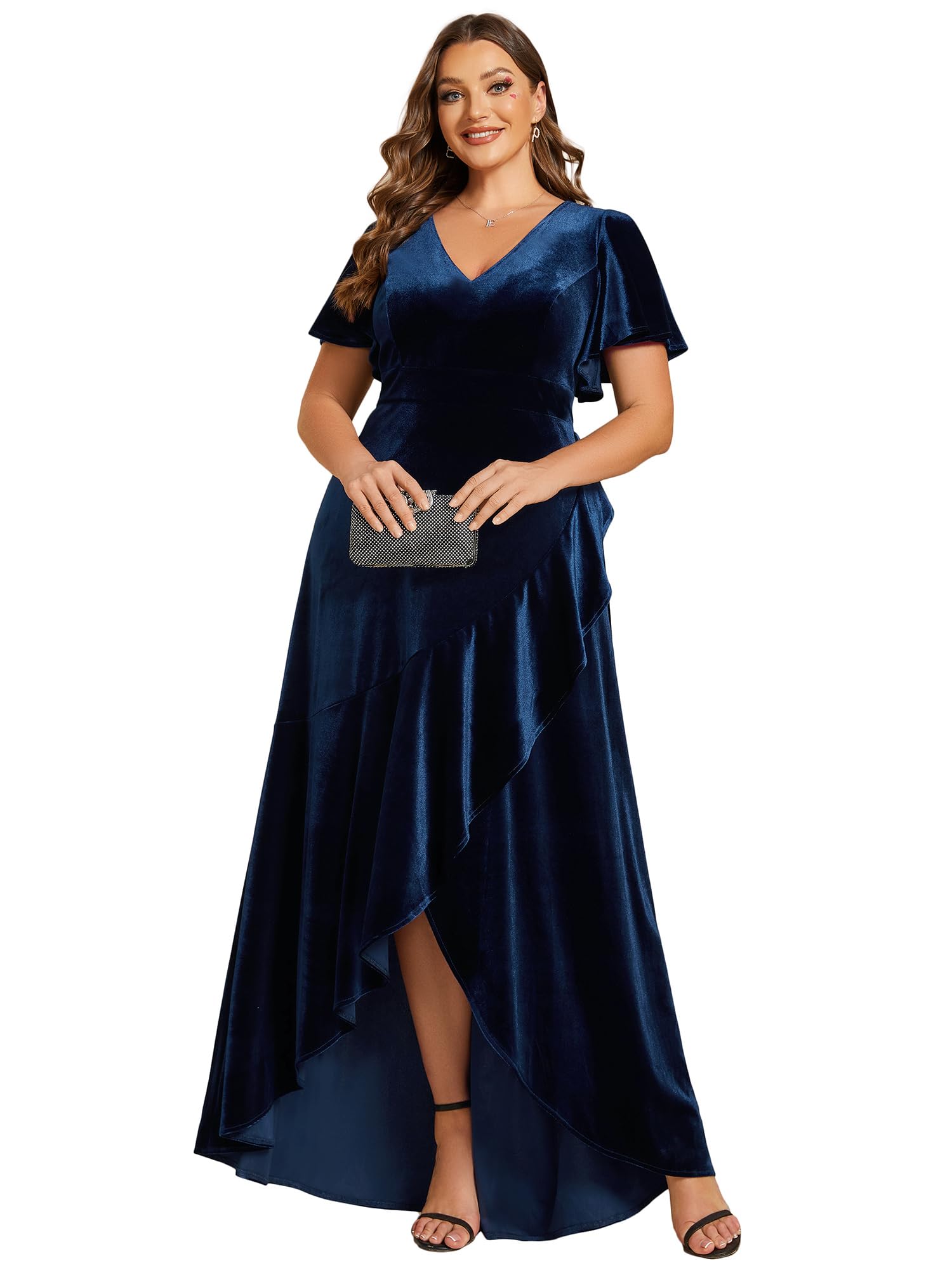 Ever-Pretty Women's V Neck High Waist Velvet Plus Size Mother of The Bride Dress Navy Blue US14