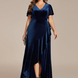 Ever-Pretty Women's V Neck High Waist Velvet Plus Size Mother of The Bride Dress Navy Blue US14