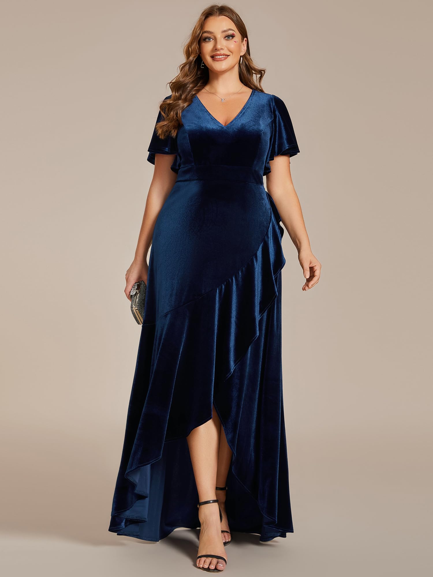 Ever-Pretty Women's V Neck High Waist Velvet Plus Size Mother of The Bride Dress Navy Blue US14