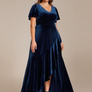 Ever-Pretty Women's V Neck High Waist Velvet Plus Size Mother of The Bride Dress Navy Blue US14