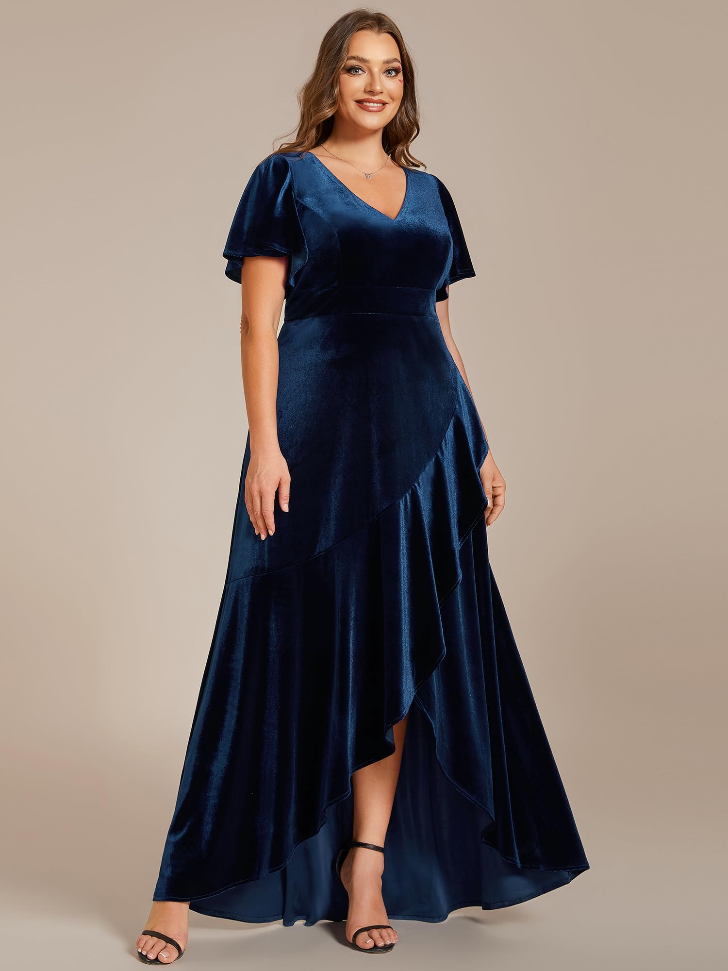 Ever-Pretty Women's V Neck High Waist Velvet Plus Size Mother of The Bride Dress Navy Blue US14