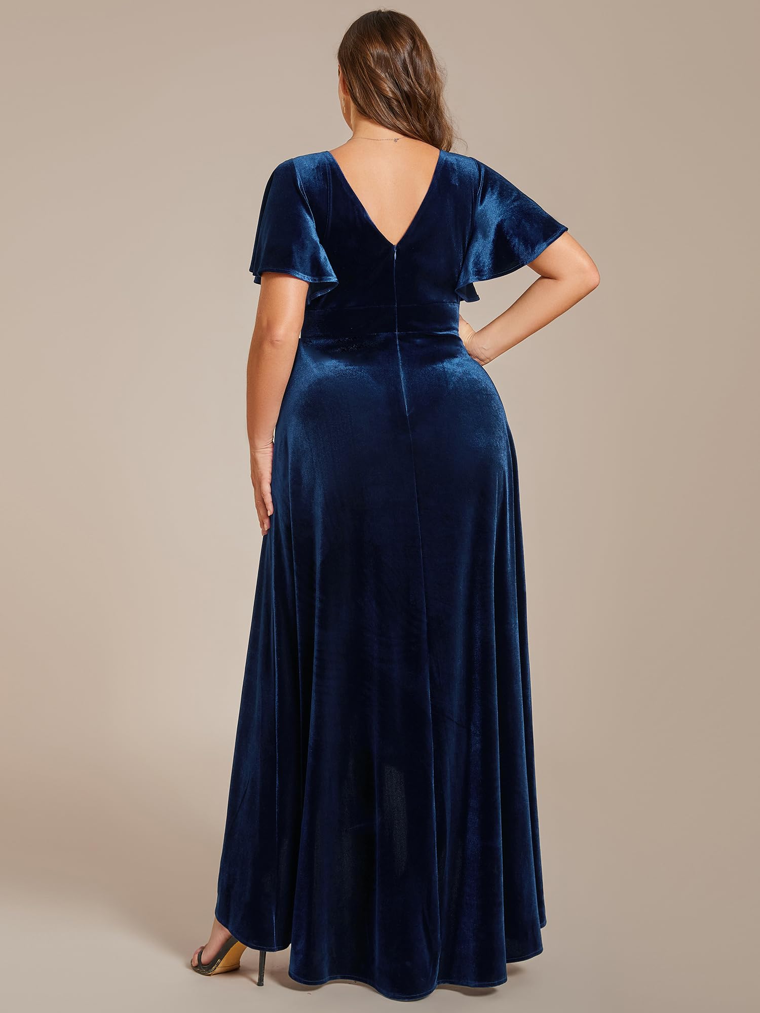 Ever-Pretty Women's V Neck High Waist Velvet Plus Size Mother of The Bride Dress Navy Blue US14