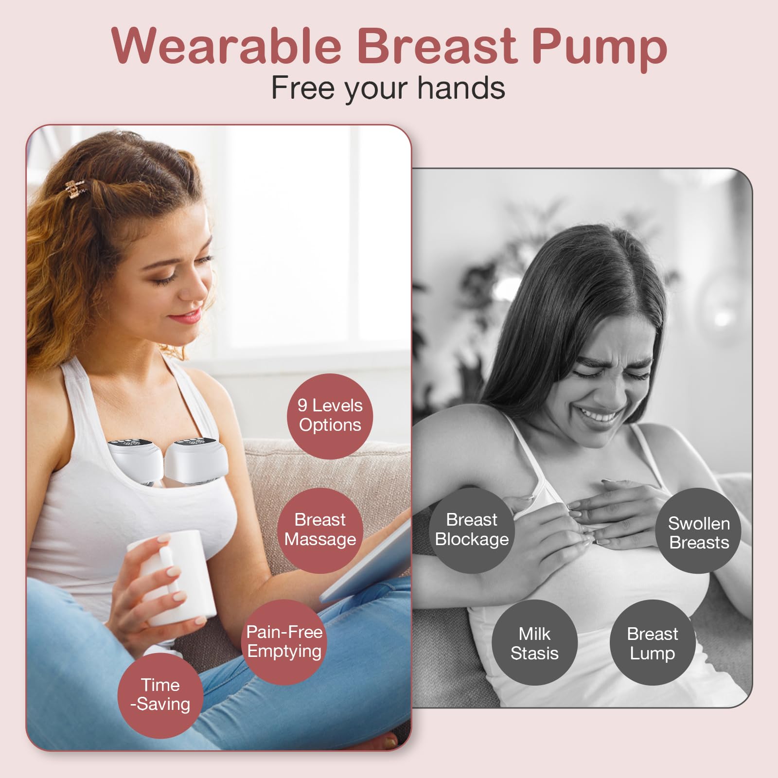 Breast Pump Hands Free Breast Pump, Wearable Breast Pump with Soft Double-Sealed Flange, Wireless Electric Breast Pump with 3 Modes & 9 Levels, No Leakage