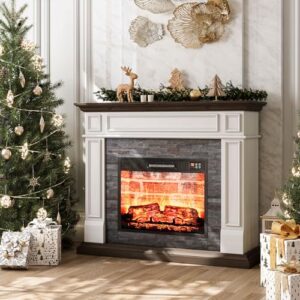 lghm 44" electric fireplace with mantel, portable freestanding wood stove heater, realistic 3d dancing flame effect and stacked stone surround, remote control timer for living room, bedroom…