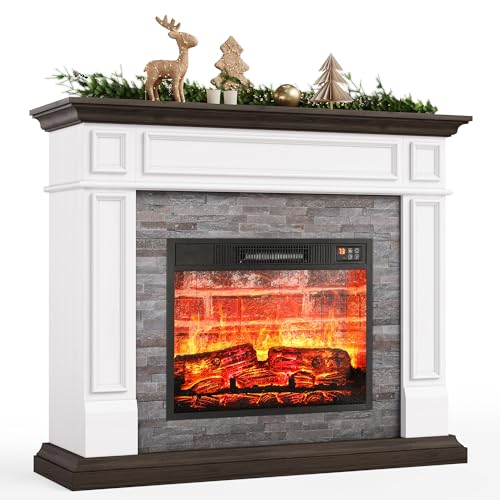 LGHM 44" Electric Fireplace with Mantel, Portable Freestanding Wood Stove Heater, Realistic 3D Dancing Flame Effect and Stacked Stone Surround, Remote Control Timer for Living Room, Bedroom…