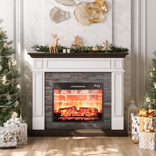 LGHM 44" Electric Fireplace with Mantel, Portable Freestanding Wood Stove Heater, Realistic 3D Dancing Flame Effect and Stacked Stone Surround, Remote Control Timer for Living Room, Bedroom…