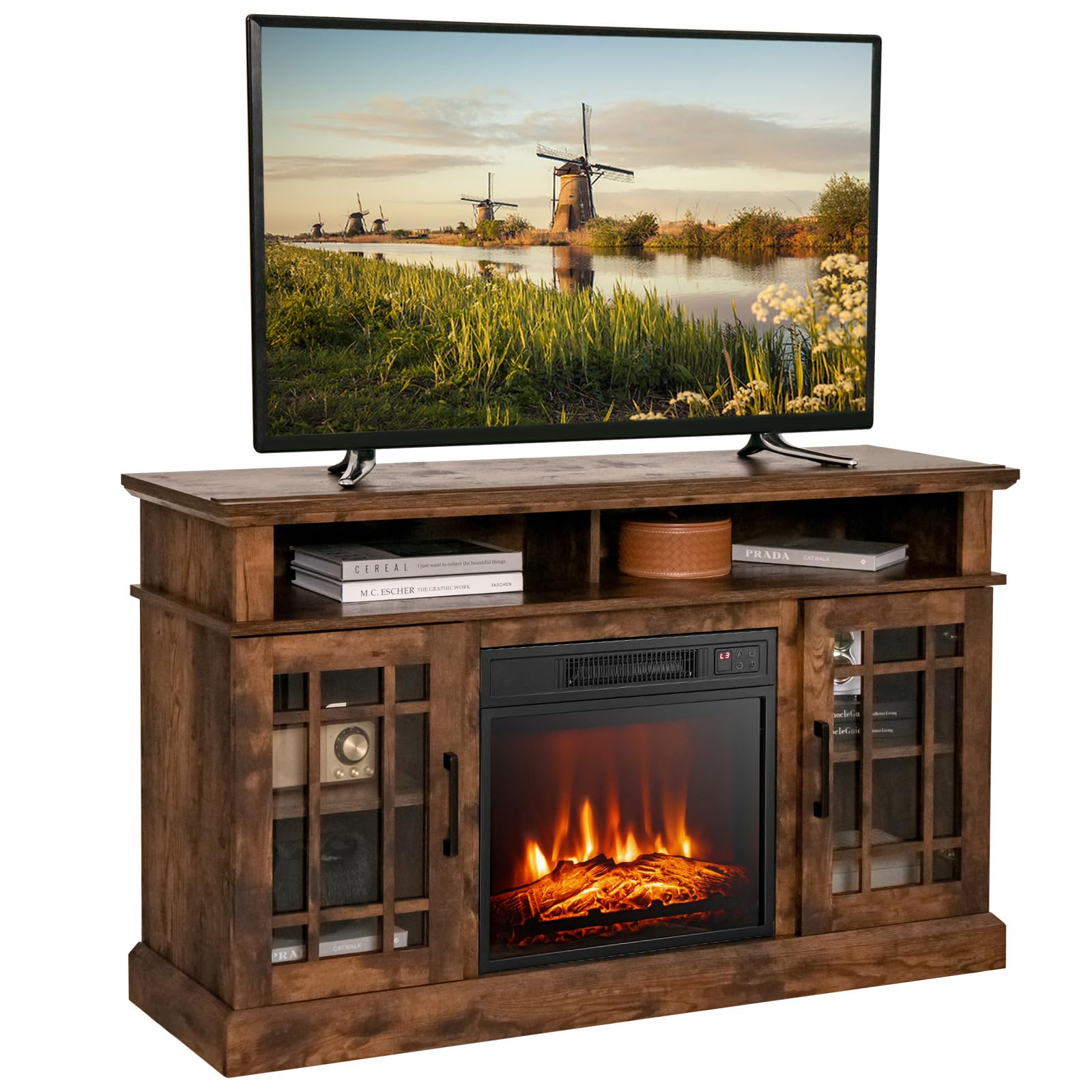 CLEEMAN 3-in-1 Electric Fireplace TV Stand, 55 Inch Entertainment Center with Built-in Heater, 3-Position Adjustable Shelf, 2 Side Cabinets, Remote Control, Overheat Protection, TV Console (Brown)