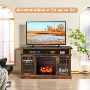 CLEEMAN 3-in-1 Electric Fireplace TV Stand, 55 Inch Entertainment Center with Built-in Heater, 3-Position Adjustable Shelf, 2 Side Cabinets, Remote Control, Overheat Protection, TV Console (Brown)