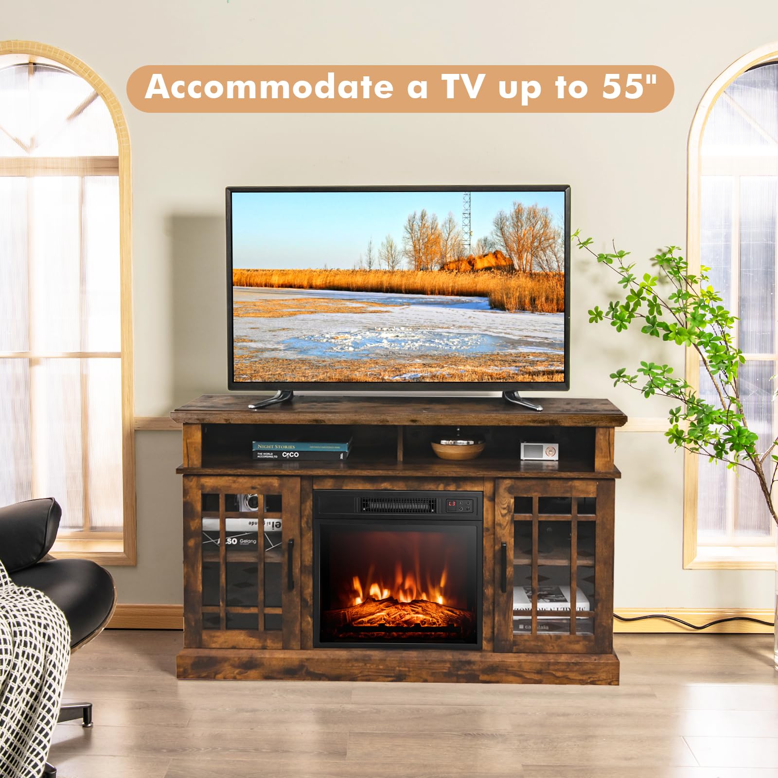 CLEEMAN 3-in-1 Electric Fireplace TV Stand, 55 Inch Entertainment Center with Built-in Heater, 3-Position Adjustable Shelf, 2 Side Cabinets, Remote Control, Overheat Protection, TV Console (Brown)