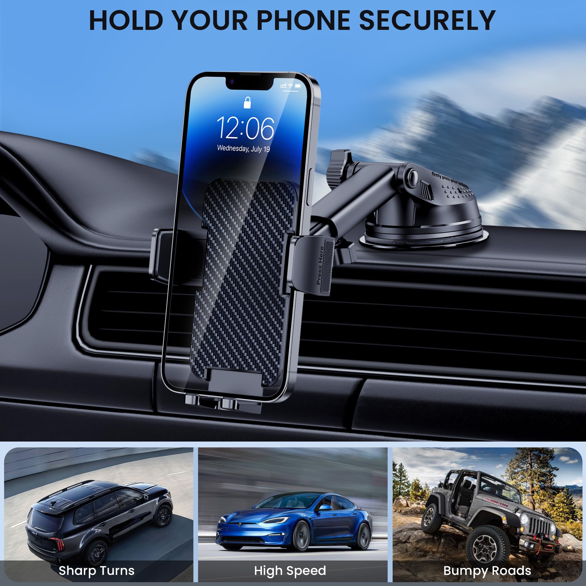 BIVGAZA Phone Holder Car [Military-Grade Suction] Universal Car Phone Holder Mount [Thick Case Friendly] Automobile Accessories Dashboard Windshield Phone Mount Fit for All iPhone Android Smartphones