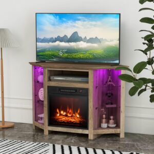 GOFLAME Corner Fireplace TV Stand with LED Lights for TVs up to 50”, Modern Entertainment Center with Electric Fireplace, Remote & Smart APP Control, TV Console with Adjustable Glass Shelves, Gray