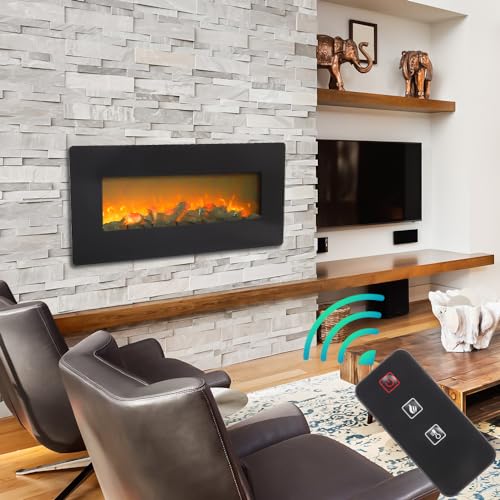 42 Inch Electric Fireplace, 1400W Wall Hanging Fireplace Heater with Flame Recessed Installation, Remote Control Operated, Thin Wide Wall Mount Heater