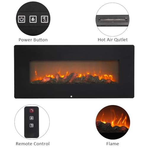 42 Inch Electric Fireplace, 1400W Wall Hanging Fireplace Heater with Flame Recessed Installation, Remote Control Operated, Thin Wide Wall Mount Heater