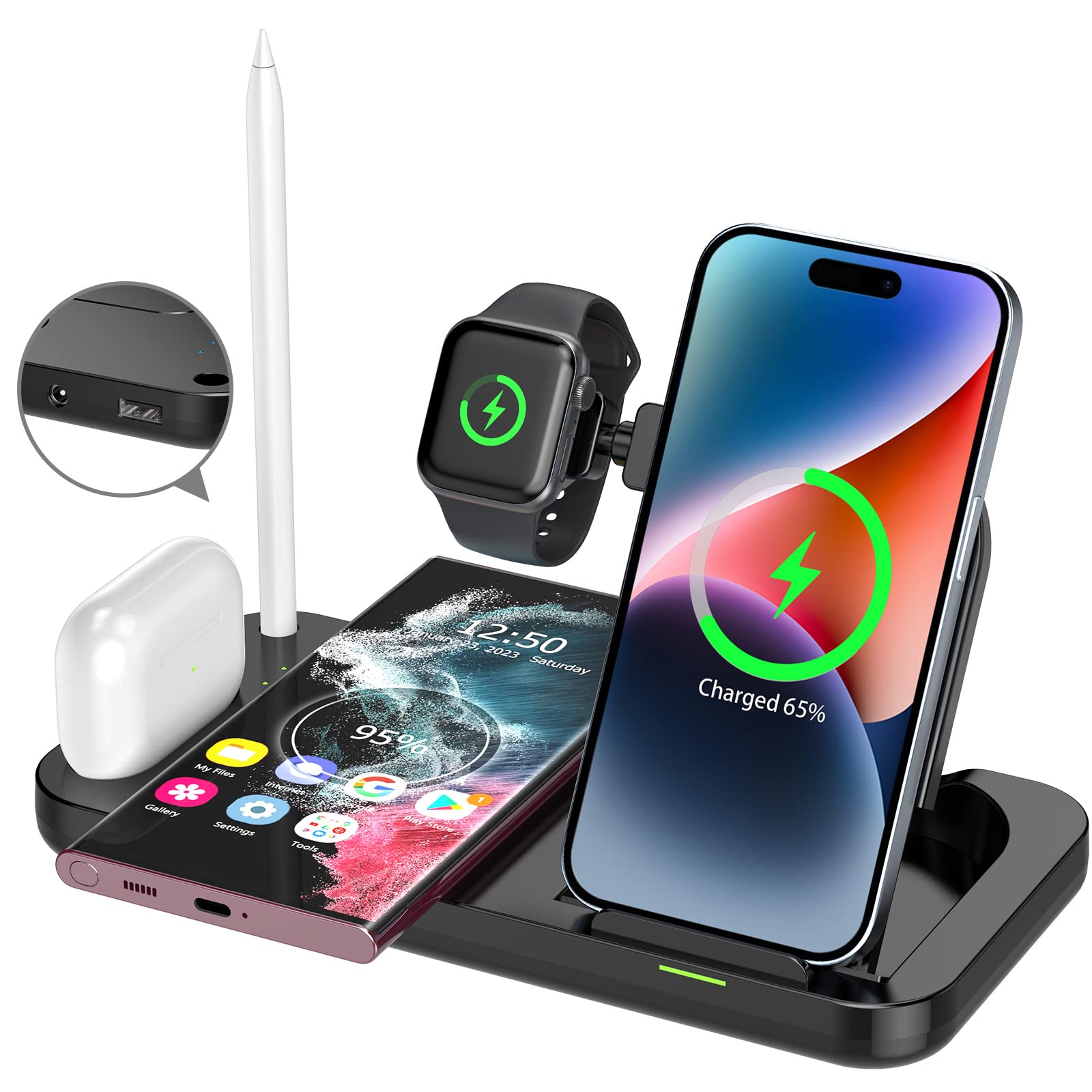 5 in 1 Wireless Charger for Apple Multiple Devices 72W Fast Wireless Charging Station with USB Ports Foldable Charging Dock Stand for Different iPhone Galaxy Android Phones