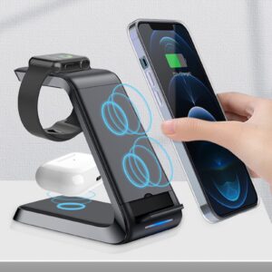 wireless charging station, wireless phone charger 3 in 1 charging station for multiple devices, phone charging stand 15w wireless charger stand for ios/android smartphone