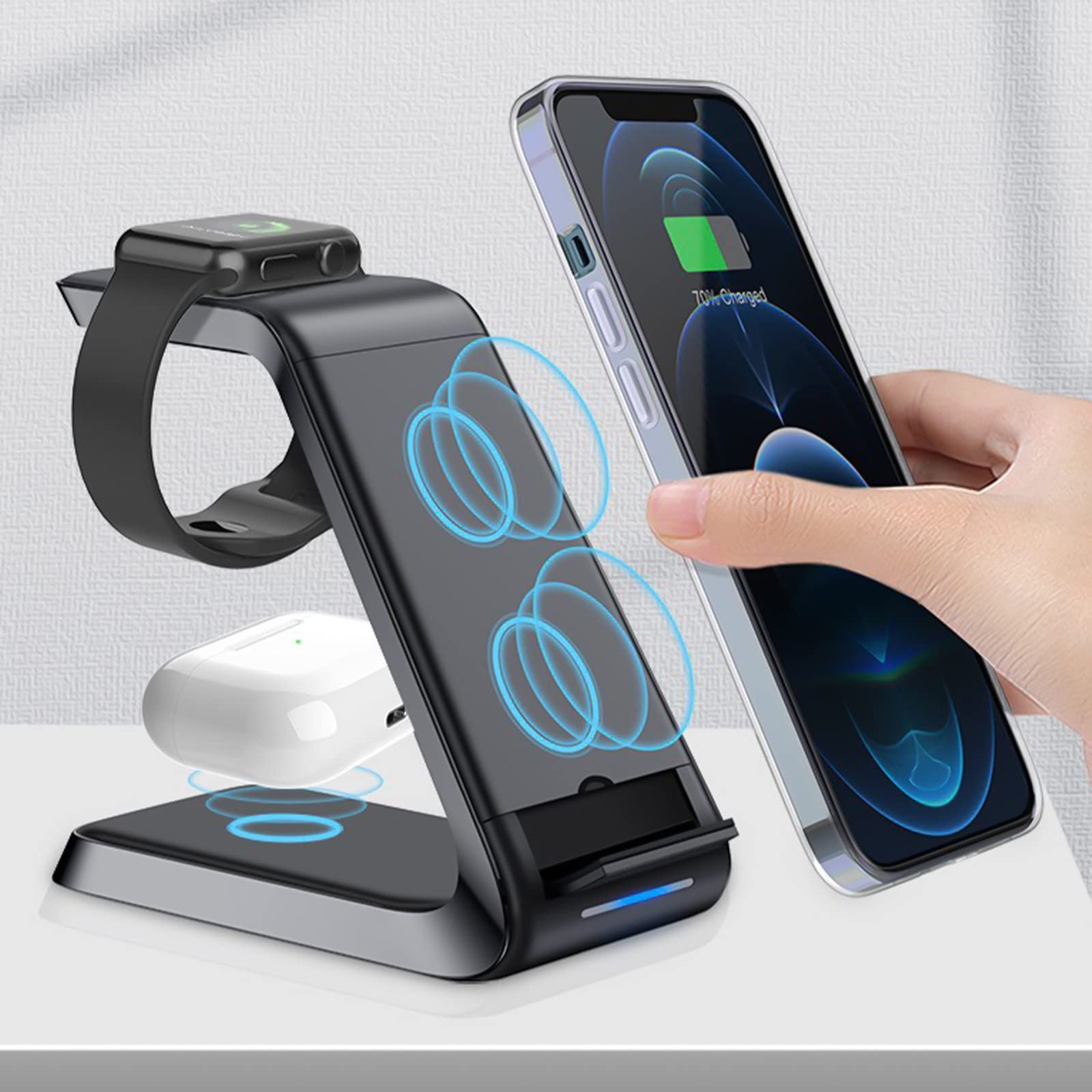 Wireless Charging Station, Wireless Phone Charger 3 in 1 Charging Station for Multiple Devices, Phone Charging Stand 15W Wireless Charger Stand for iOS/Android Smartphone