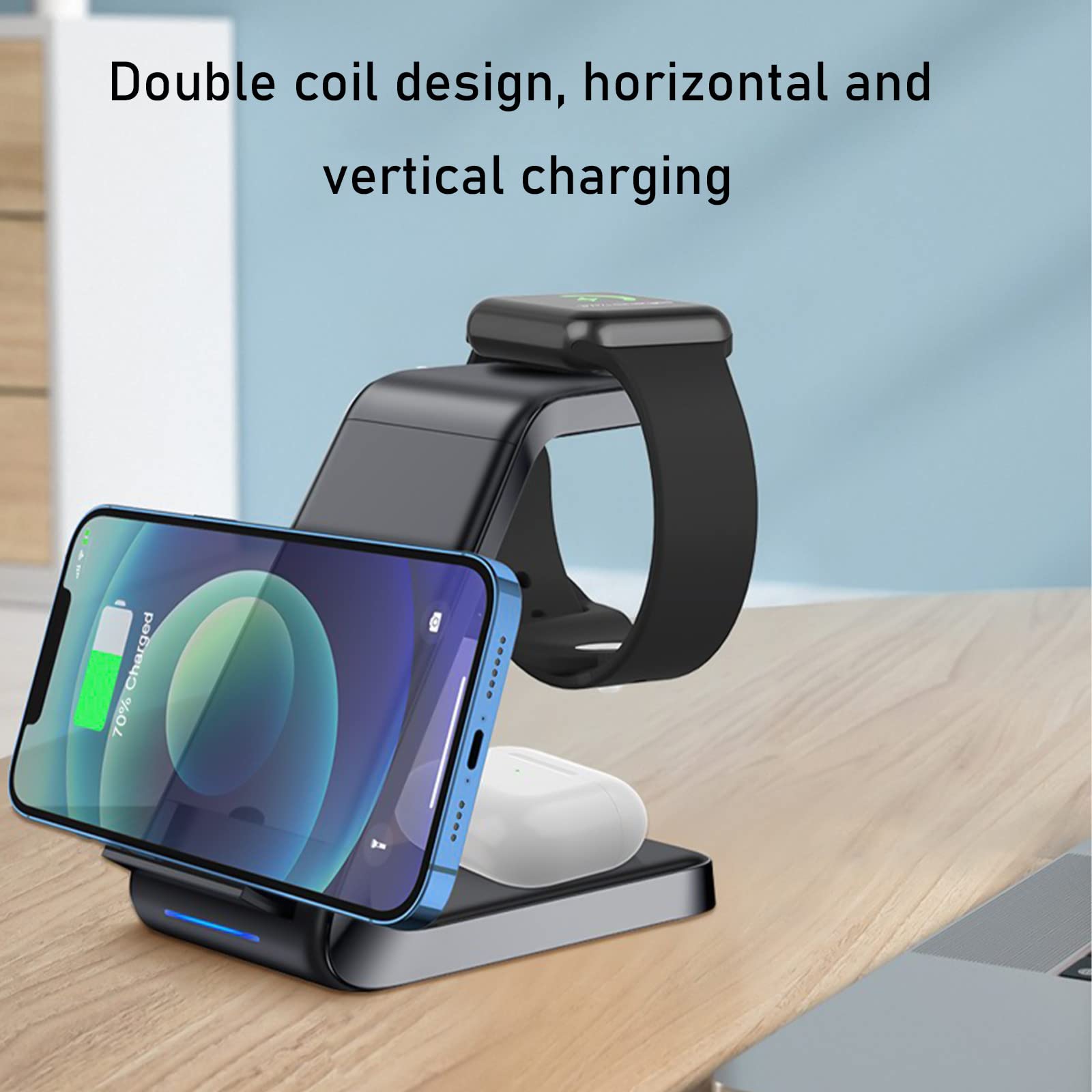 Wireless Charging Station, Wireless Phone Charger 3 in 1 Charging Station for Multiple Devices, Phone Charging Stand 15W Wireless Charger Stand for iOS/Android Smartphone