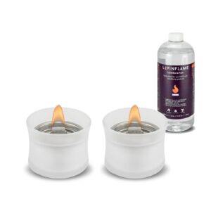 lovinflame 2 pcs mist glass slim candle and ethanol-free 1 liter fuel bundle, wind resistant mini fire pit for balcony and patio decor
