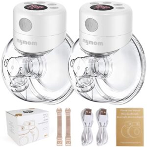 mymom double wearable breast pump,electric hands free breast pumps with 2 modes,9 levels,lcd display,memory function rechargeable double milk extractor with massage and pumping mode-24mm flange