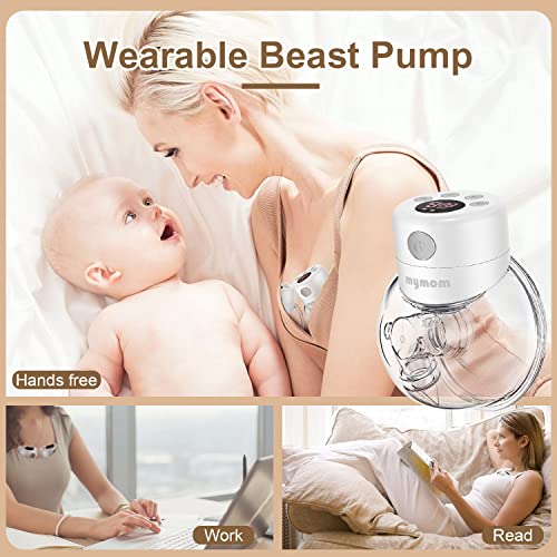 MyMom Double Wearable Breast Pump,Electric Hands Free Breast Pumps with 2 Modes,9 Levels,LCD Display,Memory Function Rechargeable Double Milk Extractor with Massage and Pumping Mode-24mm Flange