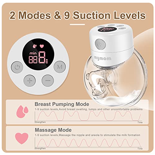 MyMom Double Wearable Breast Pump,Electric Hands Free Breast Pumps with 2 Modes,9 Levels,LCD Display,Memory Function Rechargeable Double Milk Extractor with Massage and Pumping Mode-24mm Flange