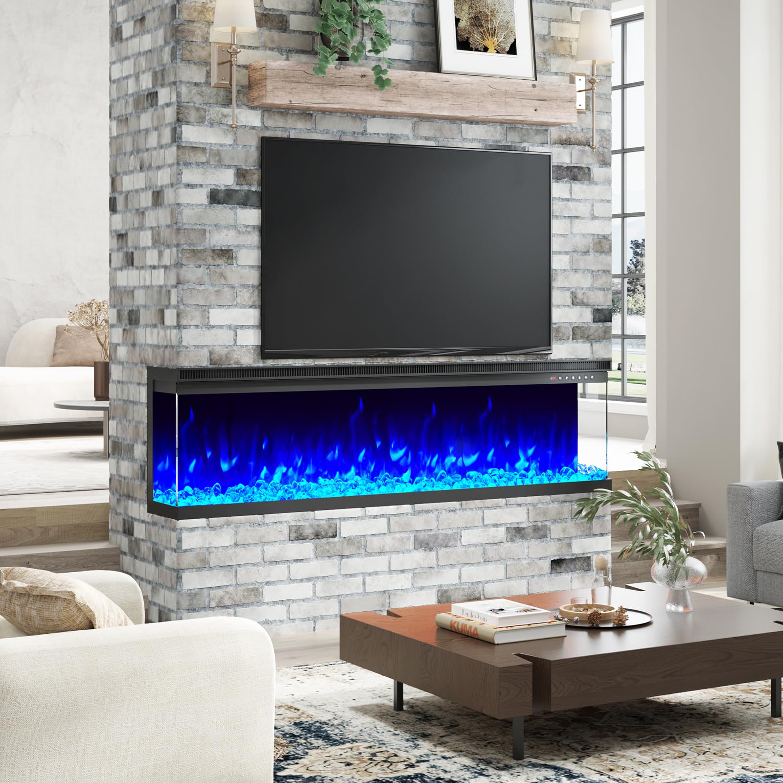 LUXOAK 60" 3 Sided Electric Fireplace of Tempered Glass Panels & Log and Crystal, Fireplace Heater with 9 Flame Colors & 5 Brightness Levels & 2 Power Modes, Noisy Free, Recessed, Black