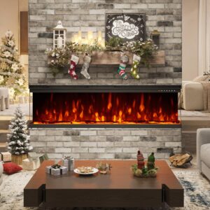 LUXOAK 60" 3 Sided Electric Fireplace of Tempered Glass Panels & Log and Crystal, Fireplace Heater with 9 Flame Colors & 5 Brightness Levels & 2 Power Modes, Noisy Free, Recessed, Black