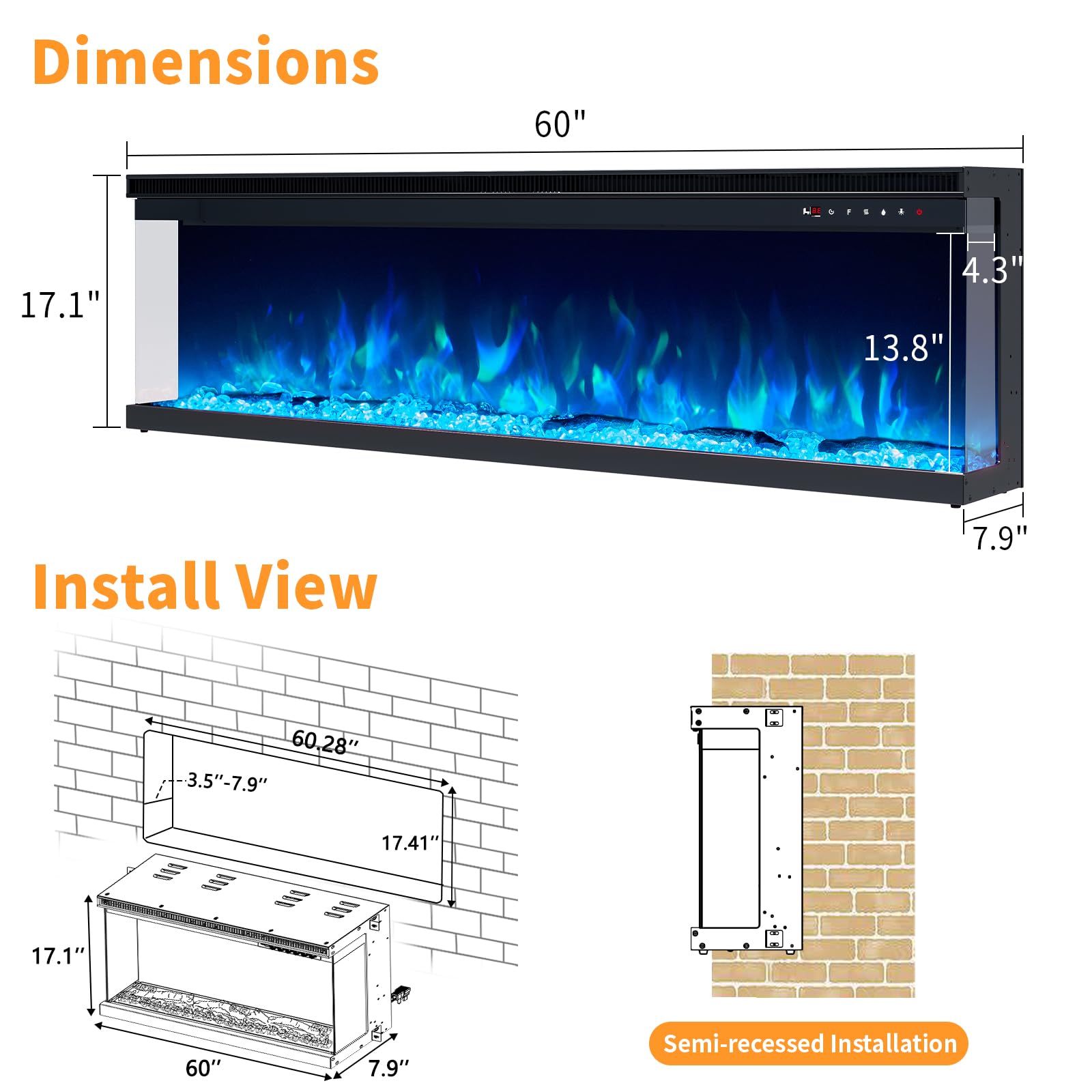 LUXOAK 60" 3 Sided Electric Fireplace of Tempered Glass Panels & Log and Crystal, Fireplace Heater with 9 Flame Colors & 5 Brightness Levels & 2 Power Modes, Noisy Free, Recessed, Black