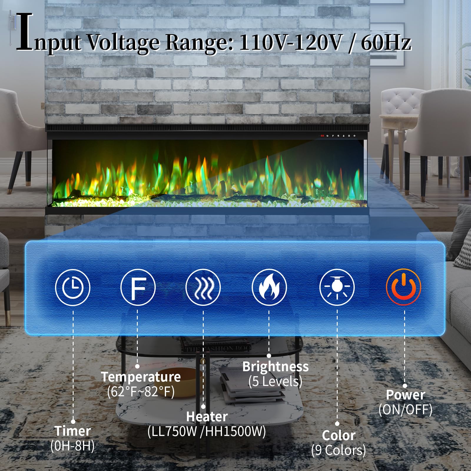 LUXOAK 60" 3 Sided Electric Fireplace of Tempered Glass Panels & Log and Crystal, Fireplace Heater with 9 Flame Colors & 5 Brightness Levels & 2 Power Modes, Noisy Free, Recessed, Black