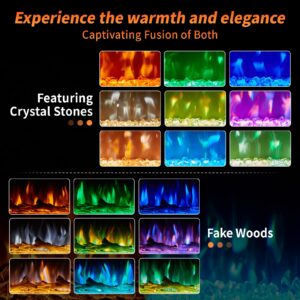 LUXOAK 60" 3 Sided Electric Fireplace of Tempered Glass Panels & Log and Crystal, Fireplace Heater with 9 Flame Colors & 5 Brightness Levels & 2 Power Modes, Noisy Free, Recessed, Black