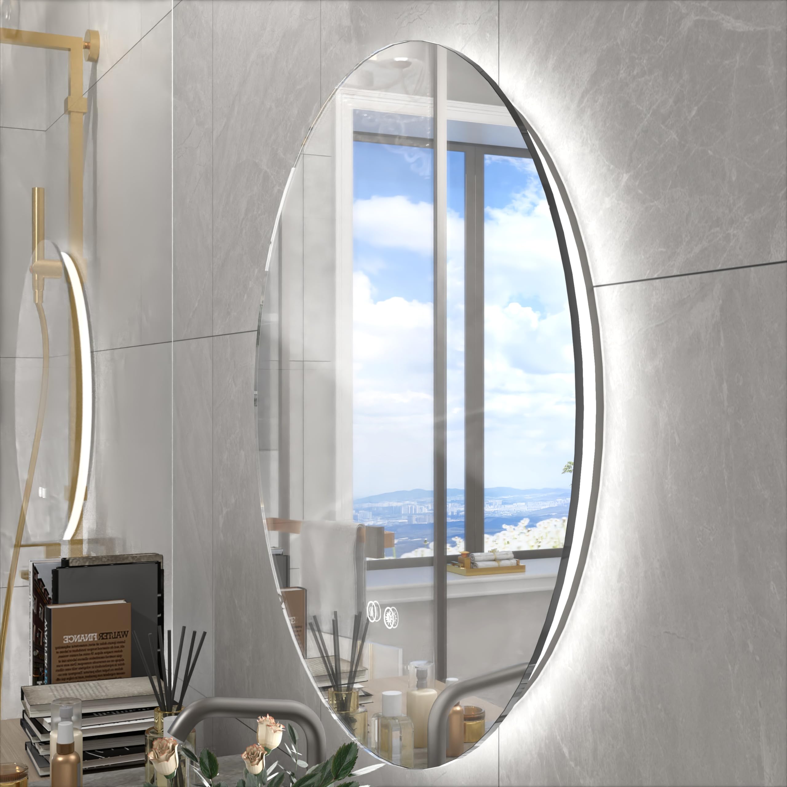JSneijder 2-Piece LED Bathroom Mirror 24 Inch Backlit Round Mirror & 28x36 Inch Rectangular Black Mirror, Wall Mounted Dimmable Anti-Fog