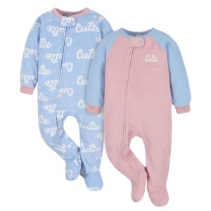 gerber baby girls' flame resistant fleece footed pajamas 2-pack, pink zoo & zebra, 3-6 months