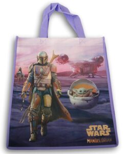 the mandalorian with the child, baby grogu reusable tote bag (purple) - 13.5 x 15 inch