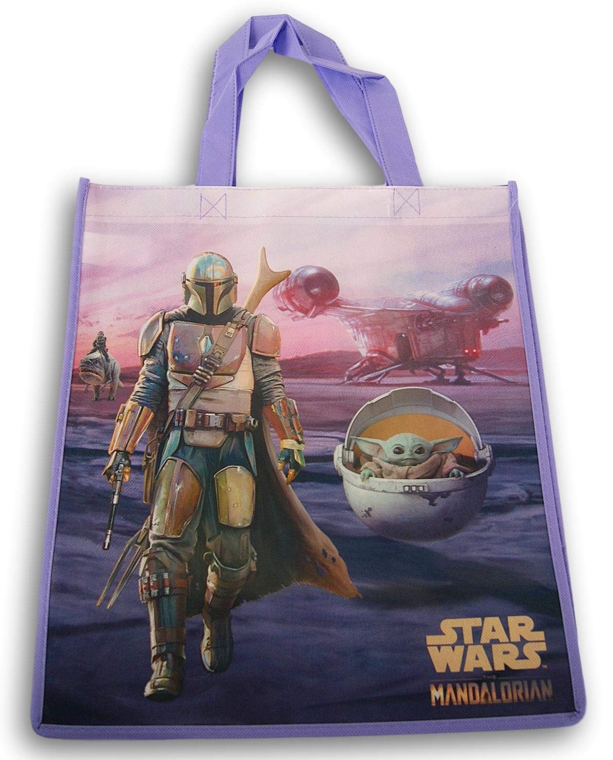 The Mandalorian with the Child, Baby Grogu Reusable Tote Bag (Purple) - 13.5 x 15 Inch