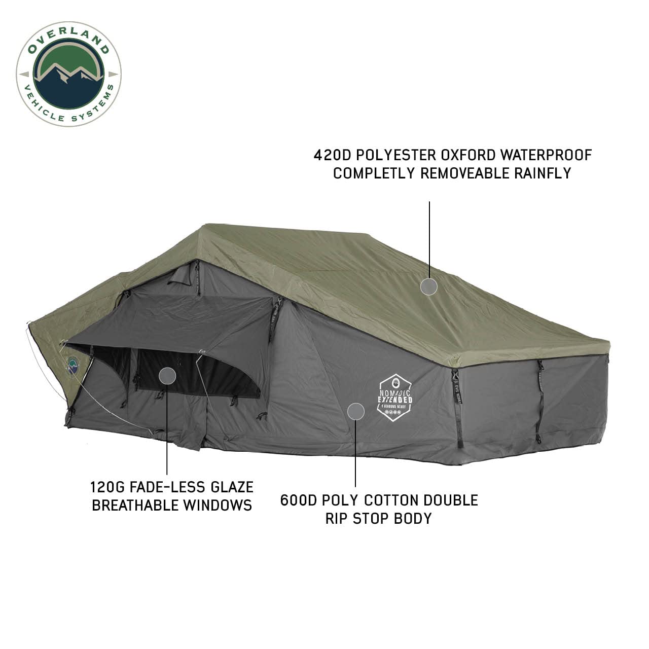 OVS Nomadic 4 Extended Roof Top Tent - Dark Gray Base with Green Rain Fly & Black Cover