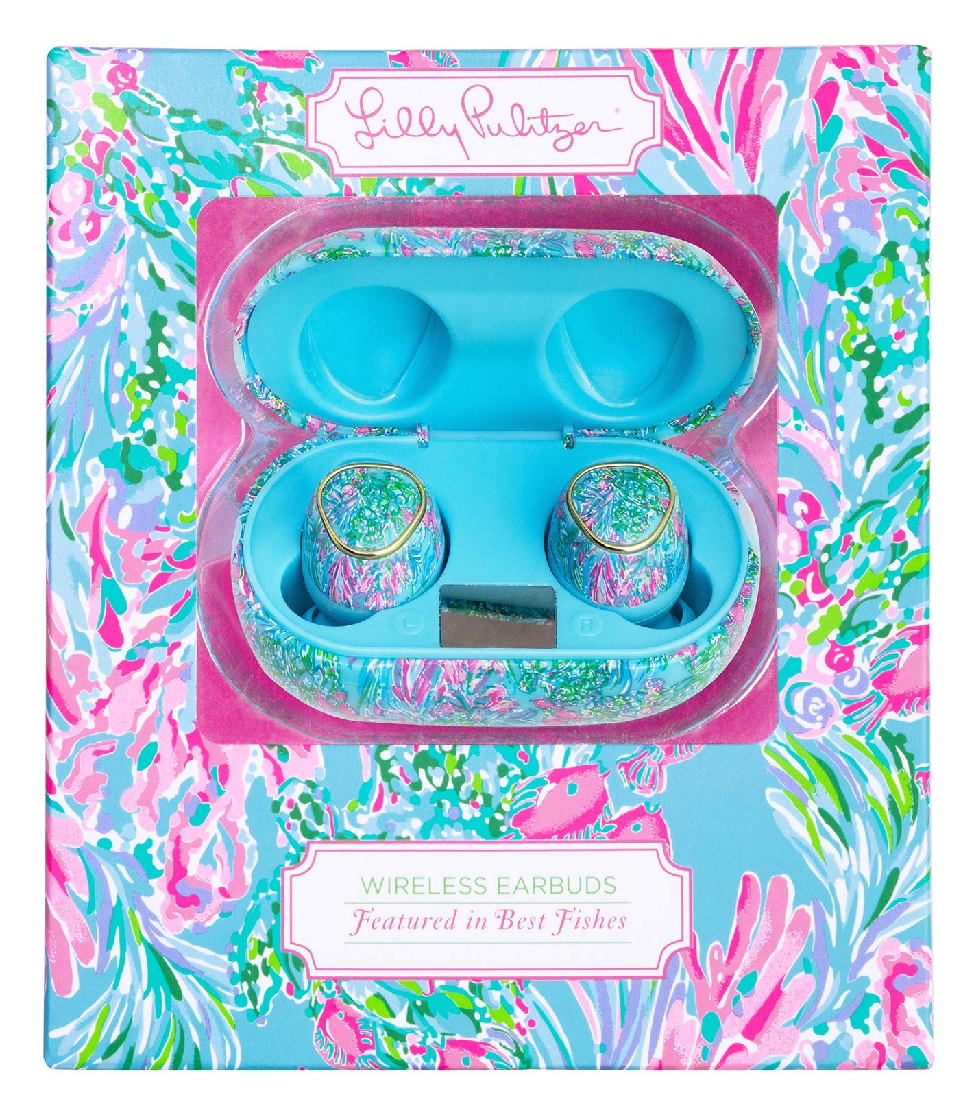 Lilly Pulitzer Bluetooth Earbuds with Protective Charging Case, Wireless Headphones (Best Fishes)