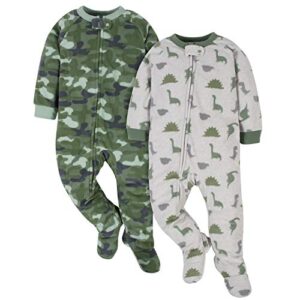 gerber baby boys' toddler loose fit flame resistant fleece footed pajamas 2-pack, green camo & dino, 12 months