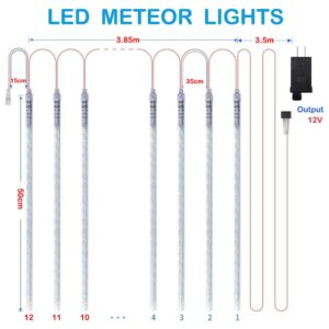 Vikdio Meteor Shower Rain Lights, 50cm 12 Spiral Tubes 648 LEDs 3.85m Lit Length Waterproof Snowfall LED Lights for Wedding Christmas Garden Tree Home Decor, Support 3 Sets Connected (White)