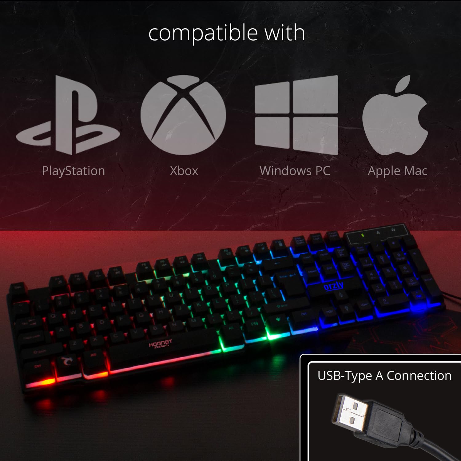 Orzly Gaming Keyboard RGB USB Wired Rainbow Keyboards Designed for PC Gamers, PS4, PS5, Laptop, Xbox, Nintendo Switch, RX-250 Hornet Edition (Black) Brand