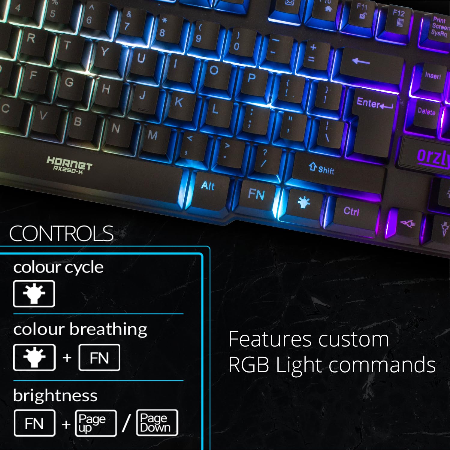 Orzly Gaming Keyboard RGB USB Wired Rainbow Keyboards Designed for PC Gamers, PS4, PS5, Laptop, Xbox, Nintendo Switch, RX-250 Hornet Edition (Black) Brand