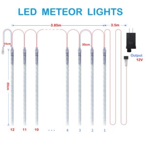 Vikdio Meteor Shower Rain Lights, 30cm 12 Spiral Tubes 360 LEDs 3.85m Lit Length Waterproof Snowfall LED Lights for Wedding Christmas Garden Tree Home Decor, Support 3 Sets Connected (White)