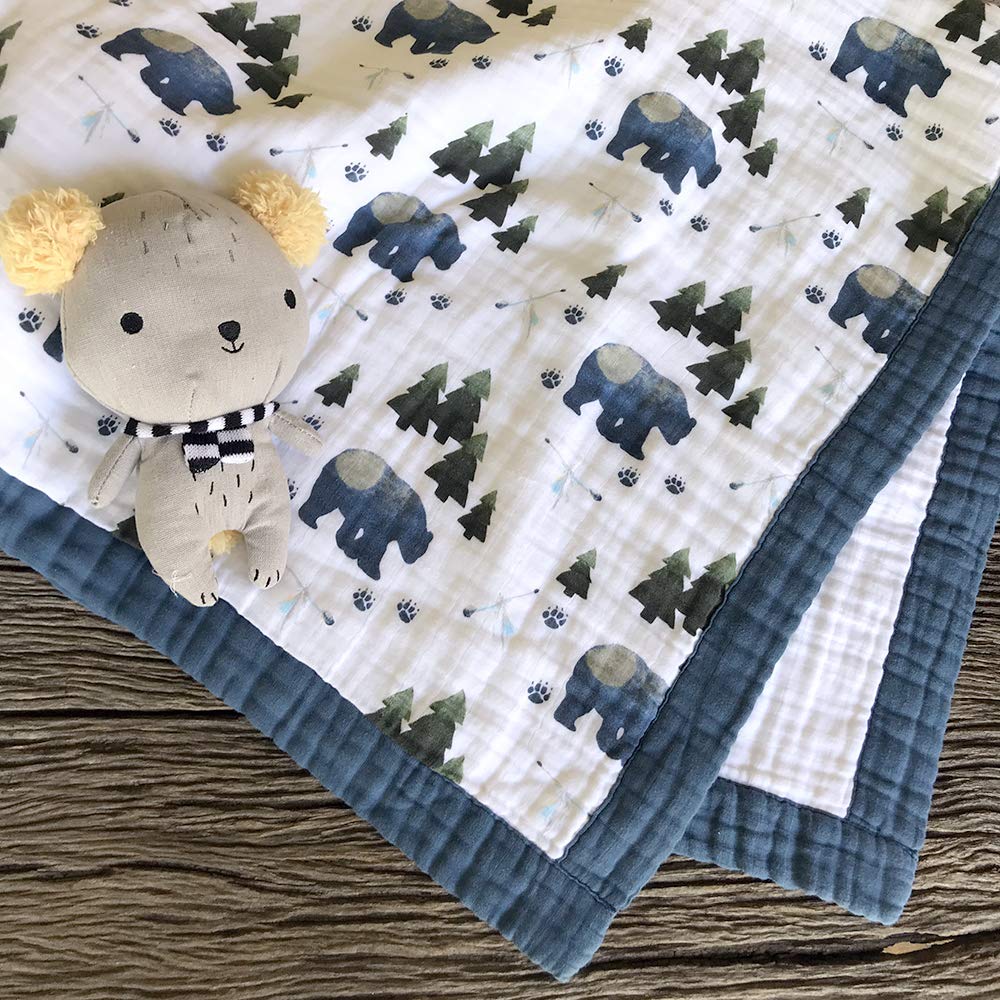 Aenne Baby, 4-Layer Muslin Toddler Crib Blanket for Boys, Warm and Hypoallergenic Extra Soft Wrap for New Borns and Infants, Woodland Tribal Bear Boho Print, Large 47"x 47", 1 Pack