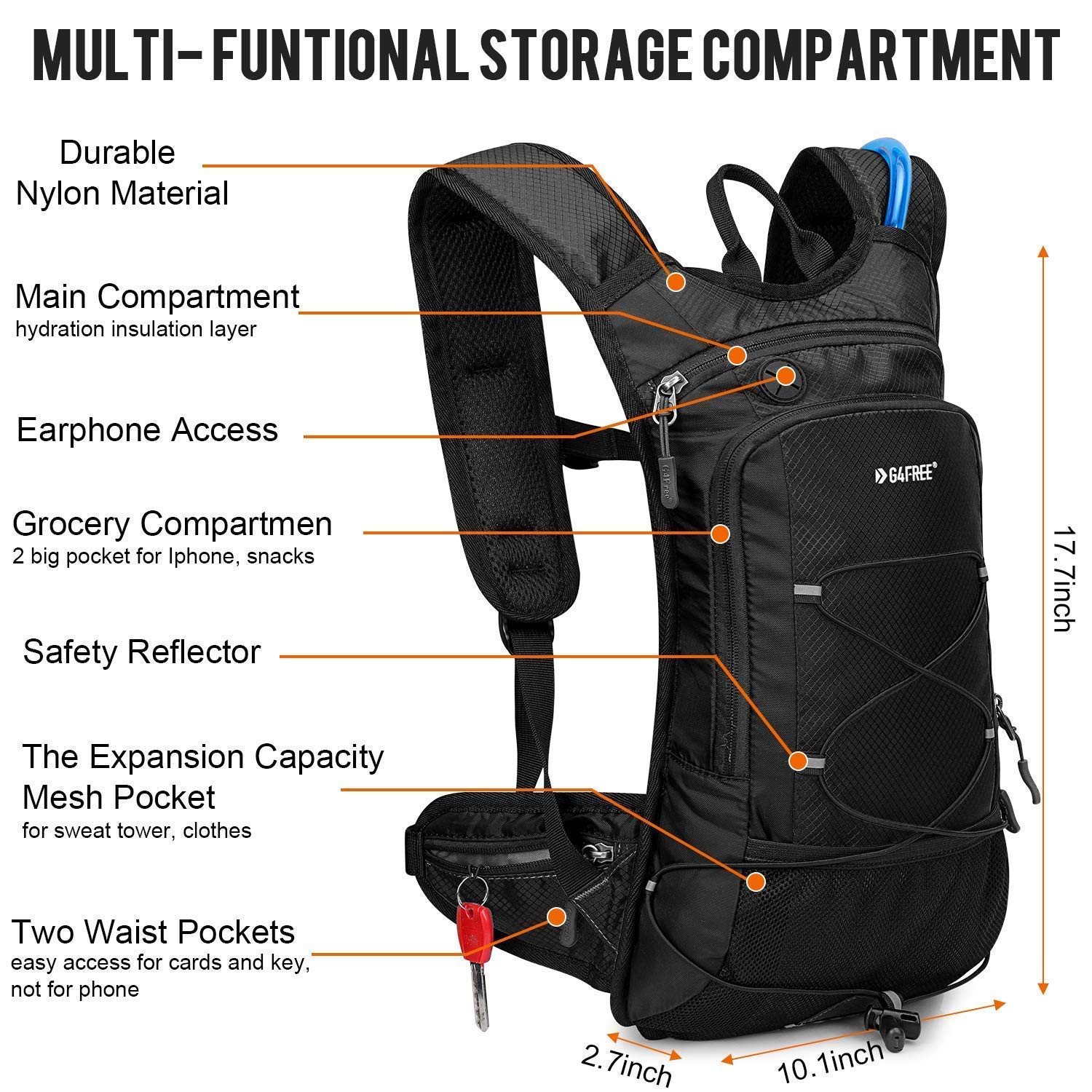 G4Free Hiking Backpack, Hydration Backpack with 2L BPA Free Bladder for Outdoor Running Hiking Climbing