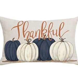 WENIANRU Ink Painting Blue Pumpkins Thankful Fall Y'all Thanksgiving Day Home Sofa Chair Bed Decoration Lumbar Pillowcase Cotton Linen Decorative Throw Pillow Cover Case Rectangular 12 x 20 Inches