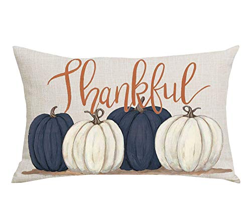 WENIANRU Ink Painting Blue Pumpkins Thankful Fall Y'all Thanksgiving Day Home Sofa Chair Bed Decoration Lumbar Pillowcase Cotton Linen Decorative Throw Pillow Cover Case Rectangular 12 x 20 Inches