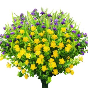 greenrain 6 bundles artificial flowers outdoor fake plants uv resistant faux plastic flowers garden window box porch home decor yellow + purple